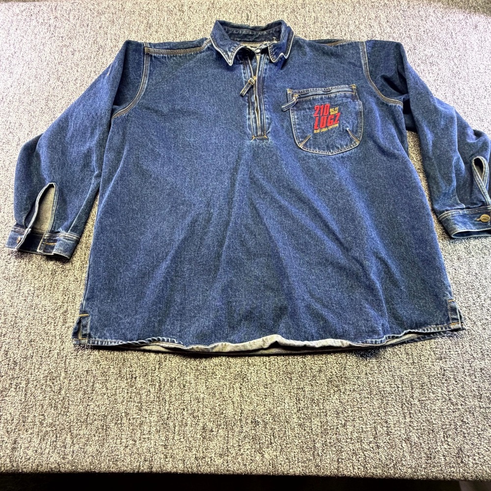 Lugz Jeanz Denim Pullover Shirt Mens 3XL Blue Quarter Zip Chest Pocket Side Slit